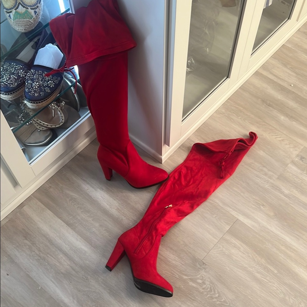 Red Over-the-Knee Heeled Boots